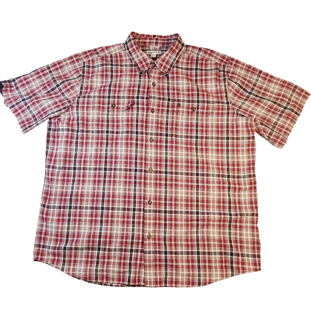 Carhartt Shirt Mens 2XL‎ Red Plaid Short Sleeve Button Up Relaxed Fit Workwear